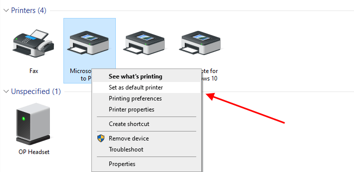 set as default printer windows 10