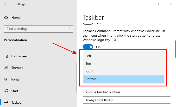 change taskbar location windows 10