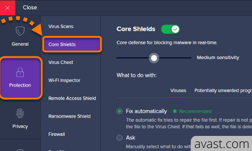 disable avast core shields