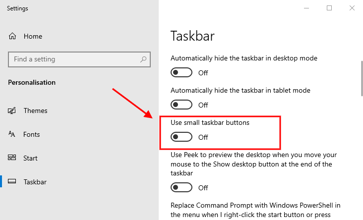 enable toggle use small taskbar buttons