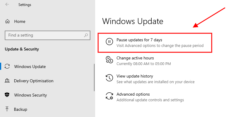 pause windows updates for 7 days