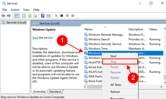 stop windows update service on local computer