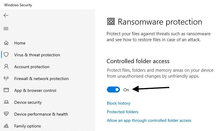 enable the ransomware protection windows 10 img02