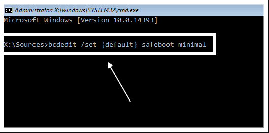 bcdedit /set default safeboot minimal windows 10