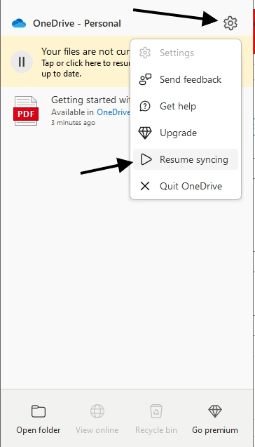 resume syncing onedrive