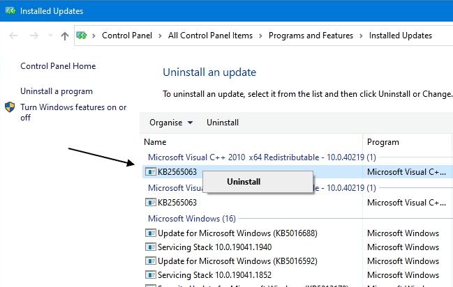 uninstall windows update windows 10