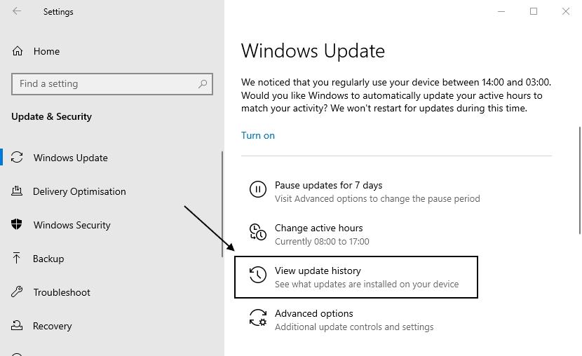 windows 10 view update history