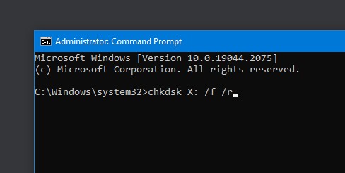 command chkdsk X: /f /r