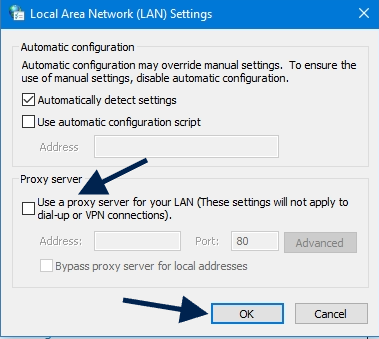 uncheck use a proxy server for your lan