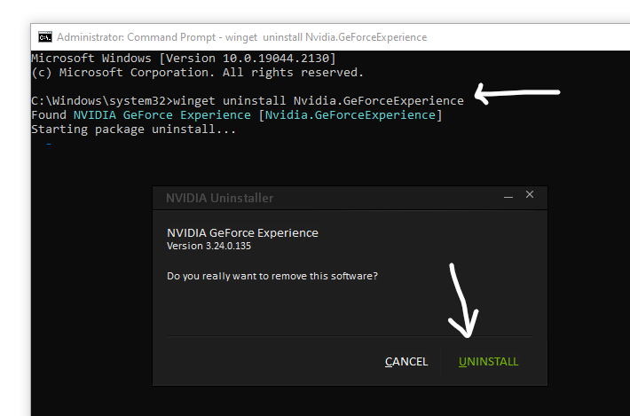 uninstall nvidia geforce experience command line